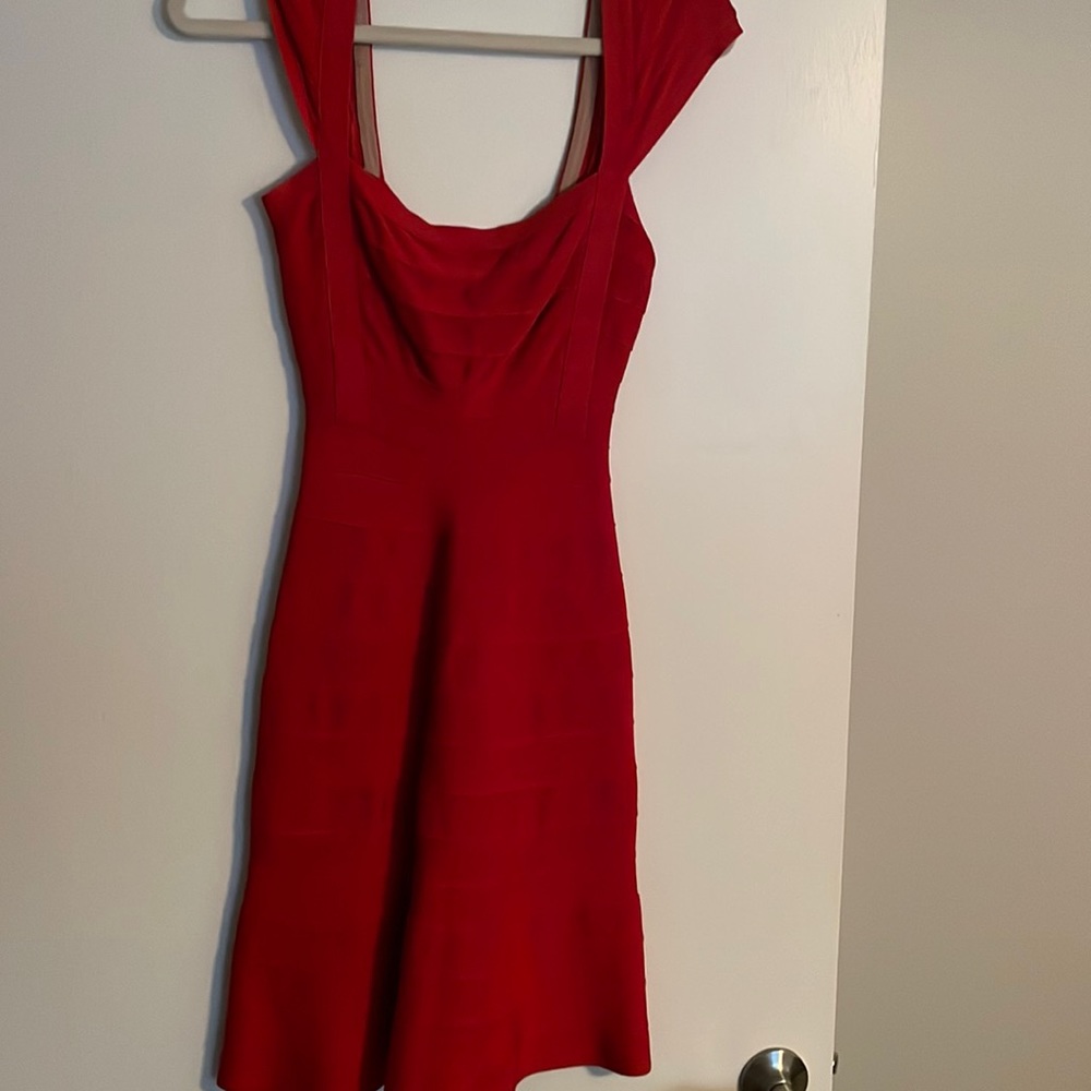 Herve Leger bright red flirt dress just at knee level